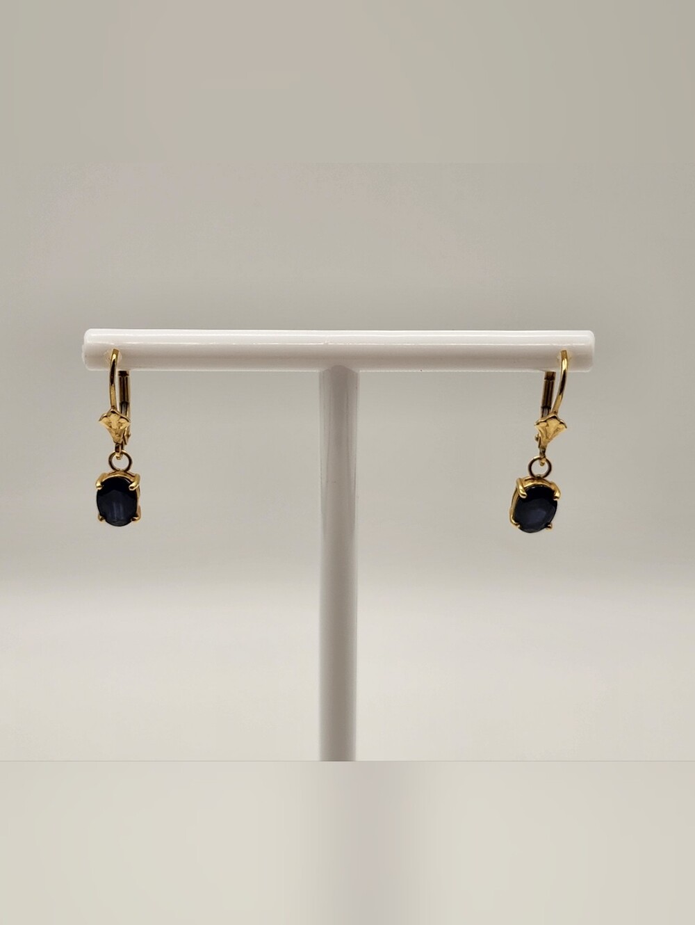 14K Yellow Gold Blue Sapphire Oval Dangle Leverback Earrings